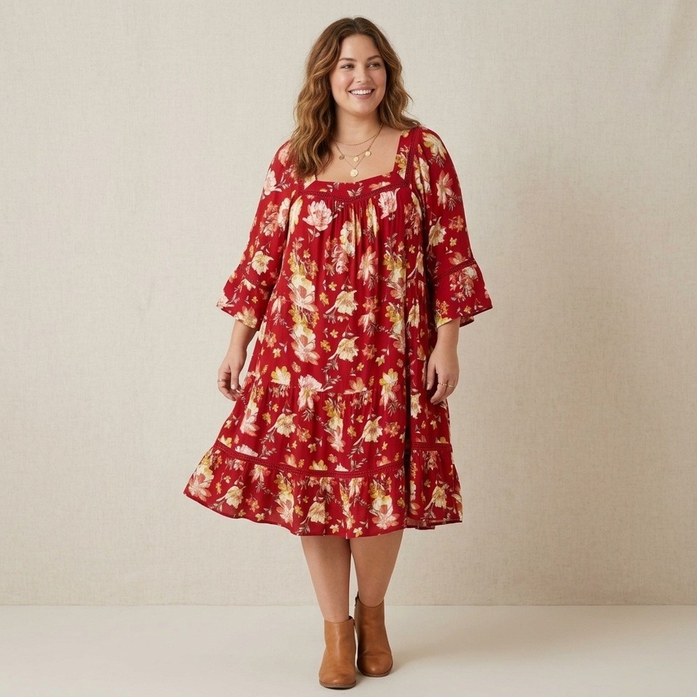 Cato Floral Tiered Midi Dress Plus 26/28W Crochet Boho Cottage Peasant Prairie